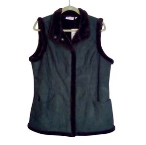 Denim & Co Faux Suede Snap Front Vest With Faux Fur Trim Medium Green Brown NWT